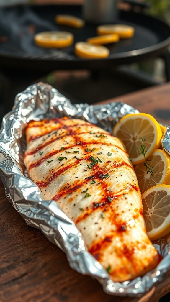 Grilled tilapia fillet in foil with lemon and herbs, served on a wooden table.